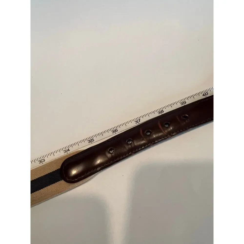Vintage Leather & Fabric Belt Solid Brass Tan Blue 38 SG